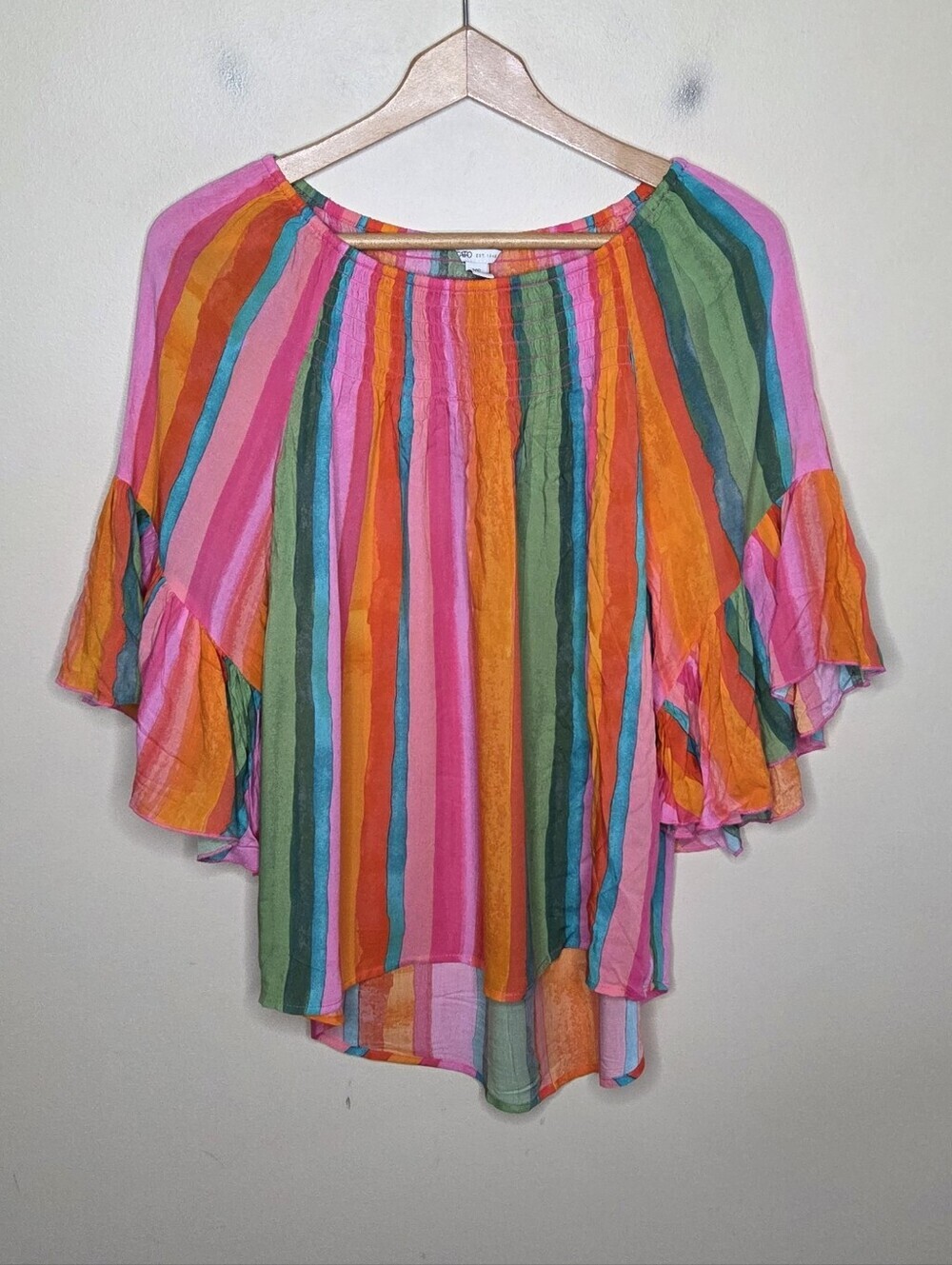 Cato Pink Green Orange Blue Striped Flutter Sleeve Boho Blouse Size XS Bright